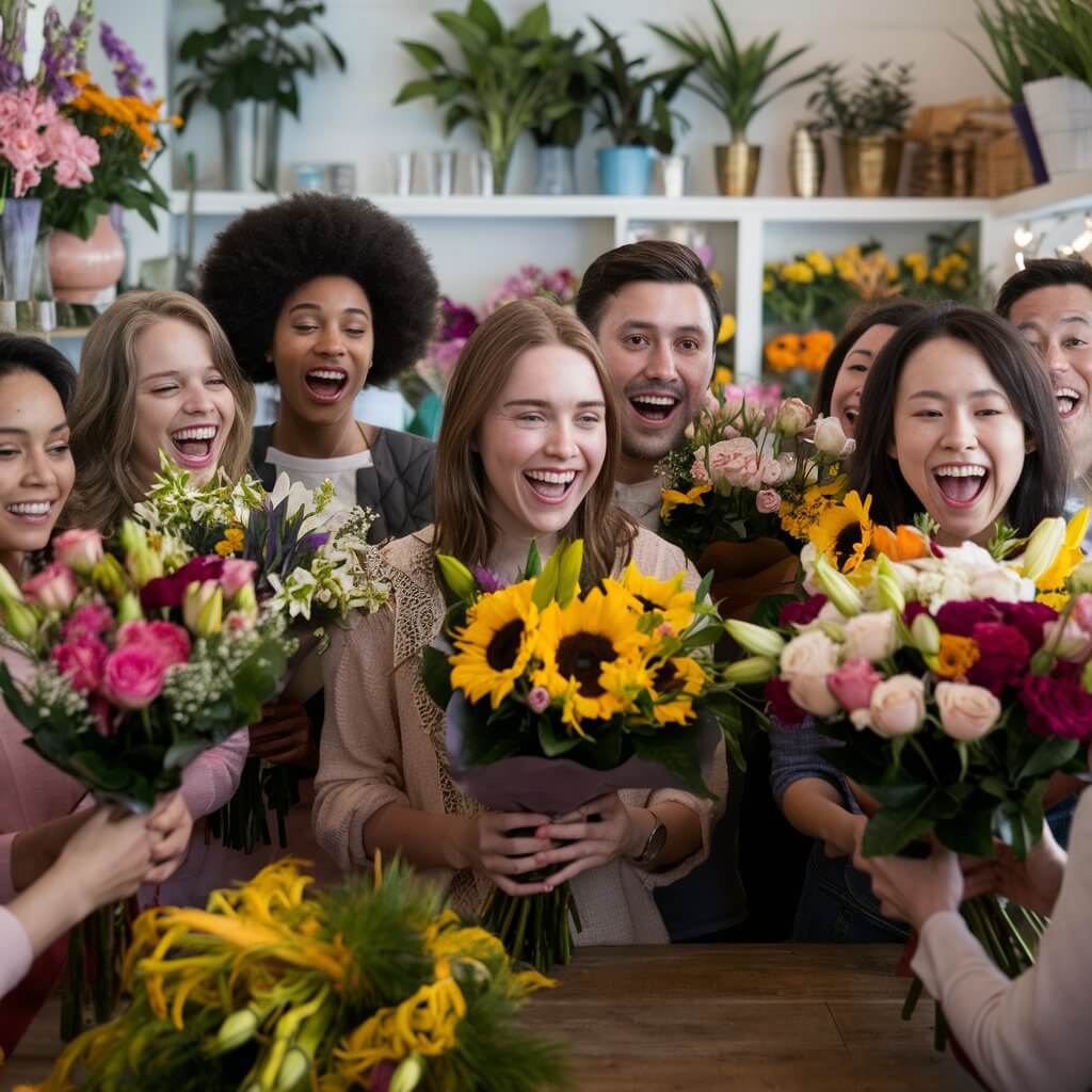 Happy customers with flowers