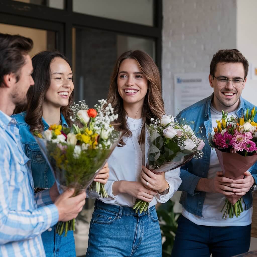 Happy customers with flowers