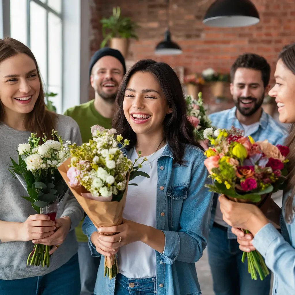 Happy customers with flowers